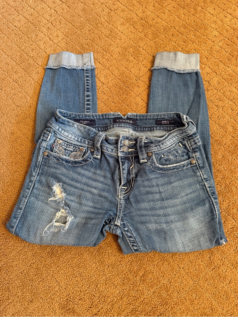 Vigoss Distressed Mid Rise Double Button Ankle Skinny Jeans Women’s Size 27